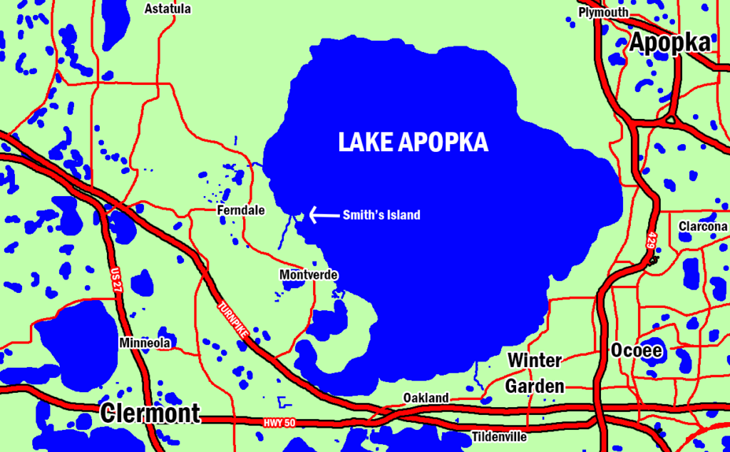 Map showing the location of Smith's Island on the west side of Lake Apopka